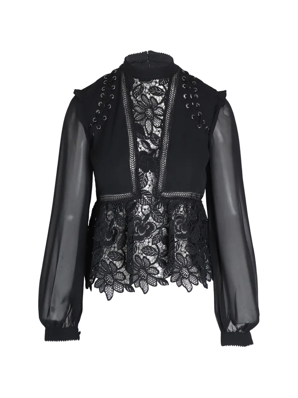 Self-Portrait lace-trim sheer blouse - Nero