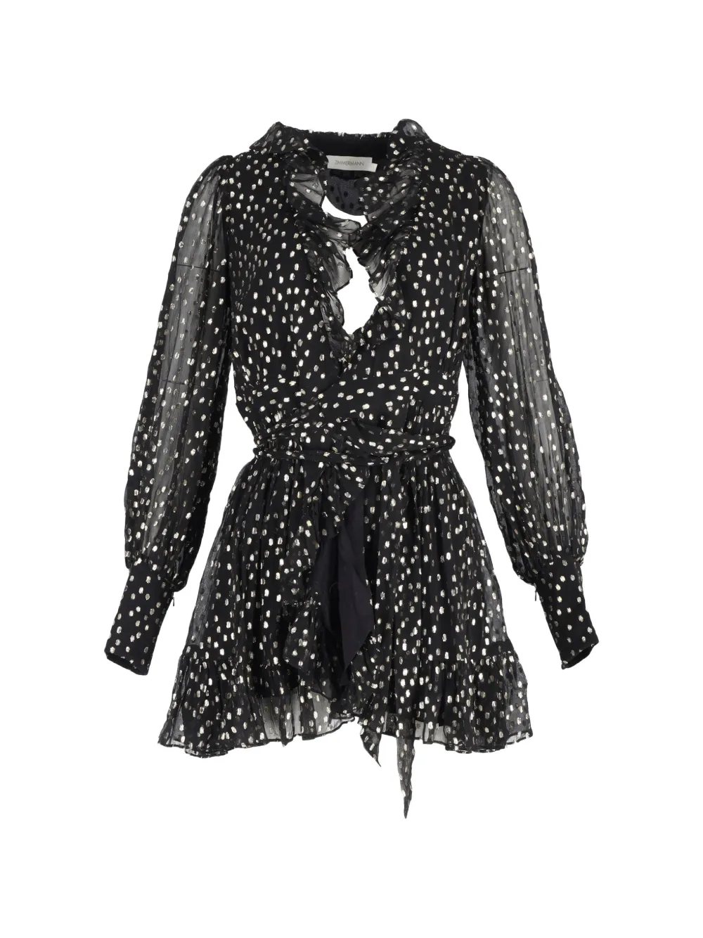 Pre-owned Zimmermann Polka-dot Wrap Mini Dress In Black