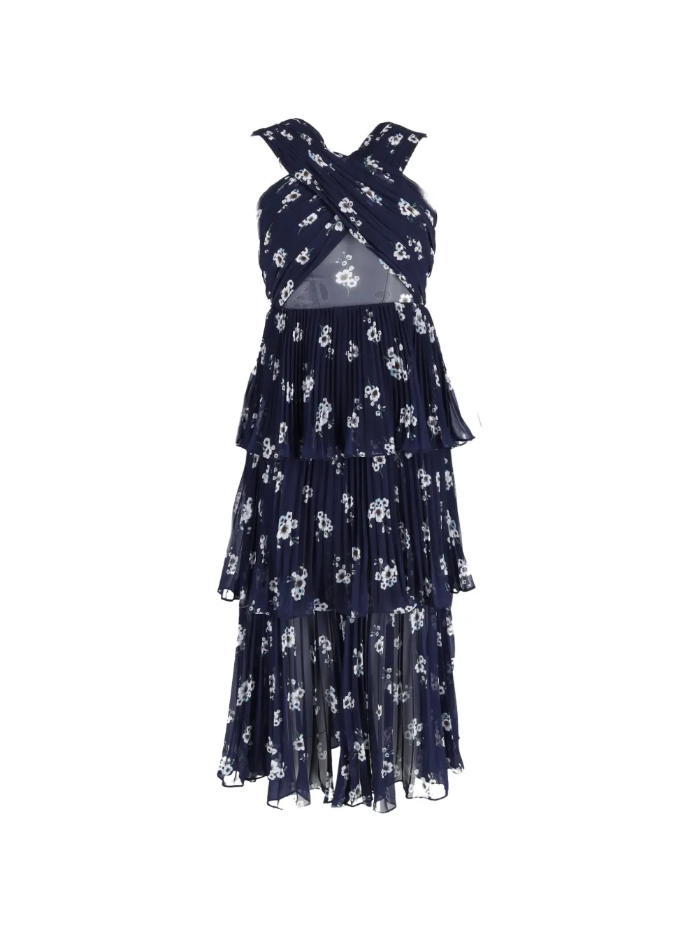 Self-Portrait floral-print pleated layered midi dress - Blu