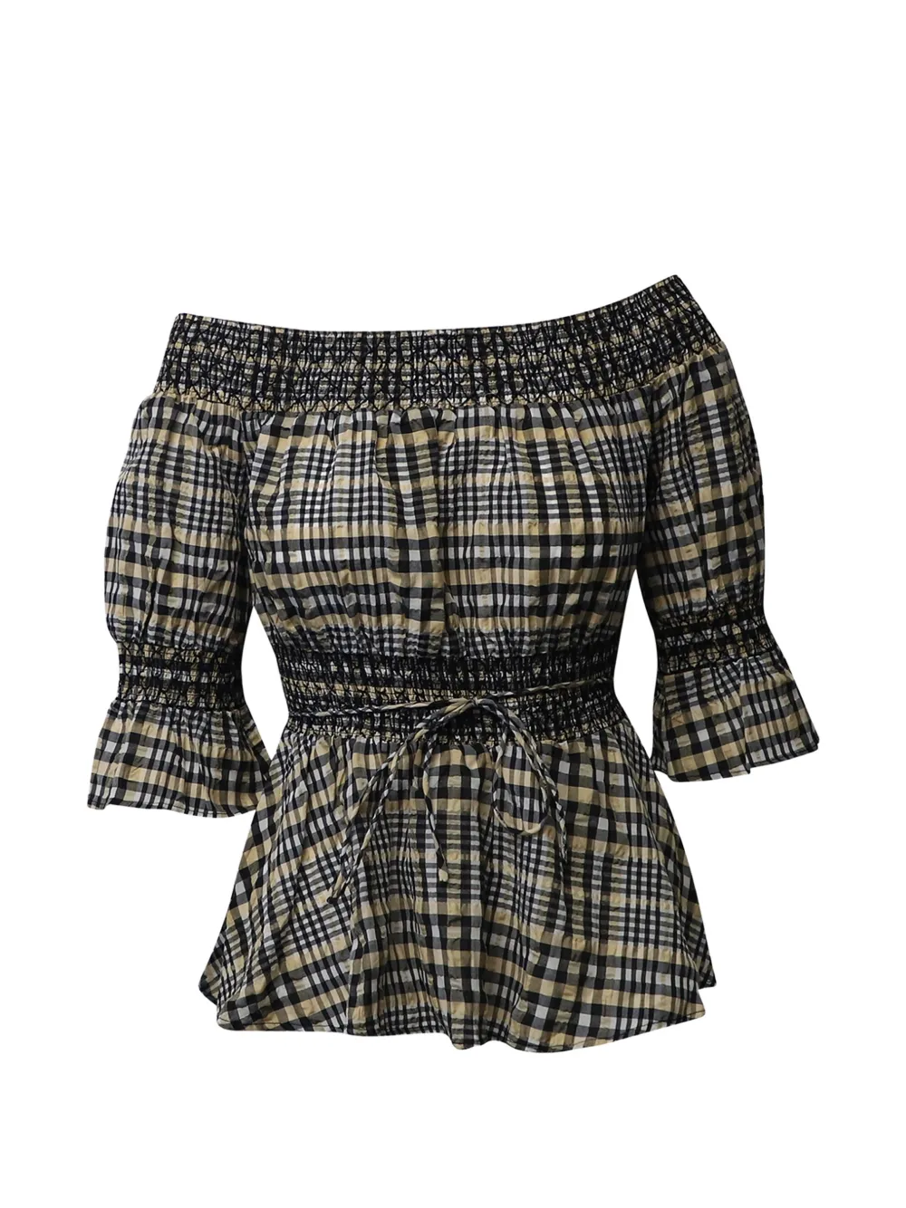 GANNI check-pattern off-shoulder blouse - Nero