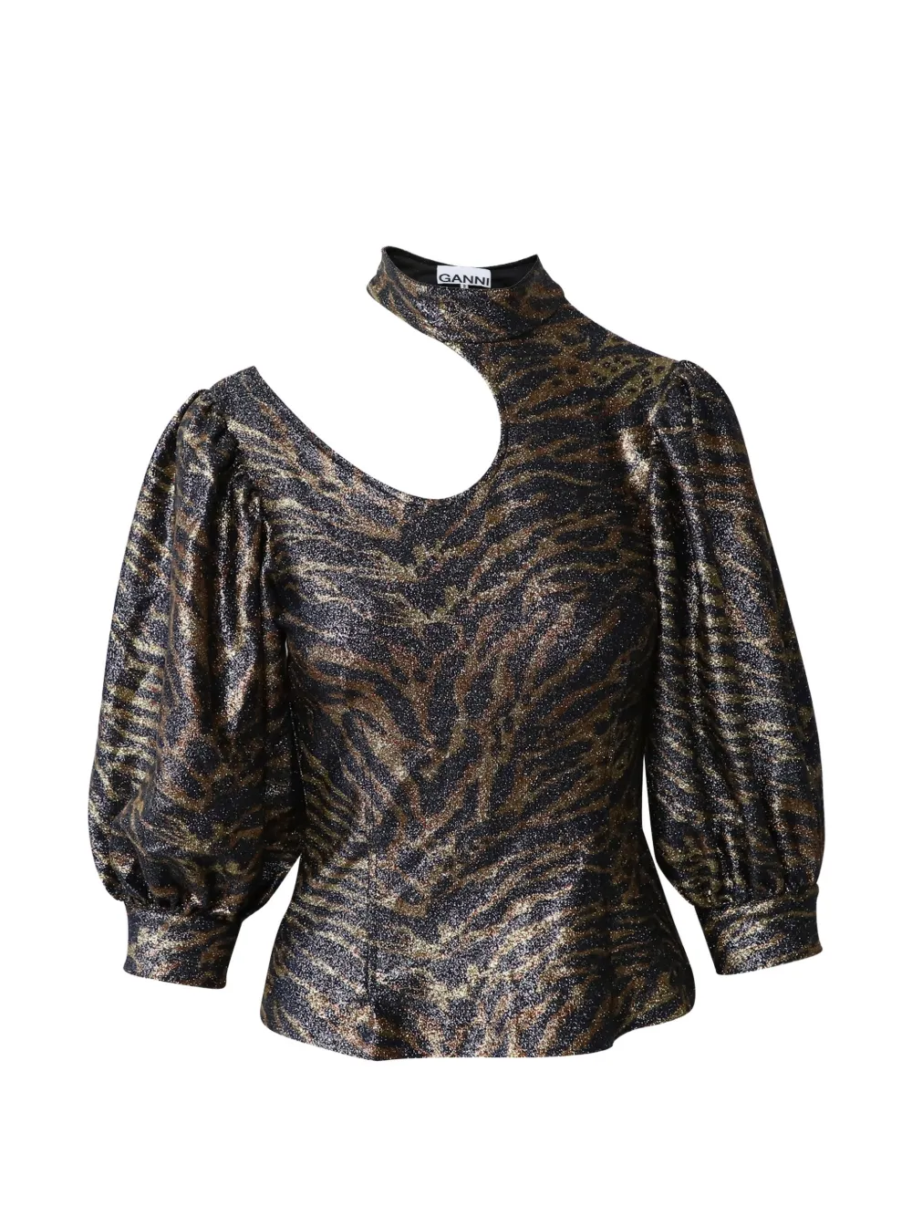 GANNI Tiger print puff sleeve blouse - Nero