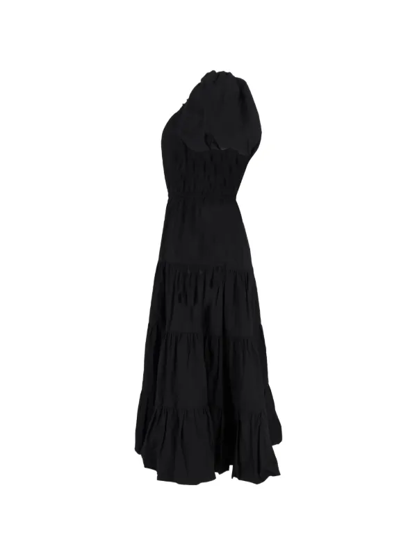 off the shoulder tiered midi dress Off-Shoulder Tiered Puff Sleeve Midi Dress Large / Black