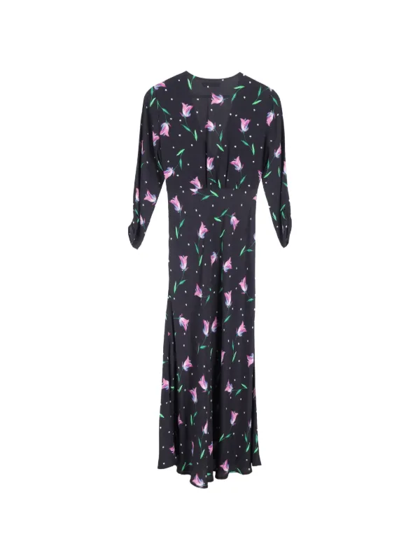 printed crepe midi dress Asymmetrical Floral Printed Stretch Crepe Midi Dress In Brown Multi, Brown Multi / Regular / 4