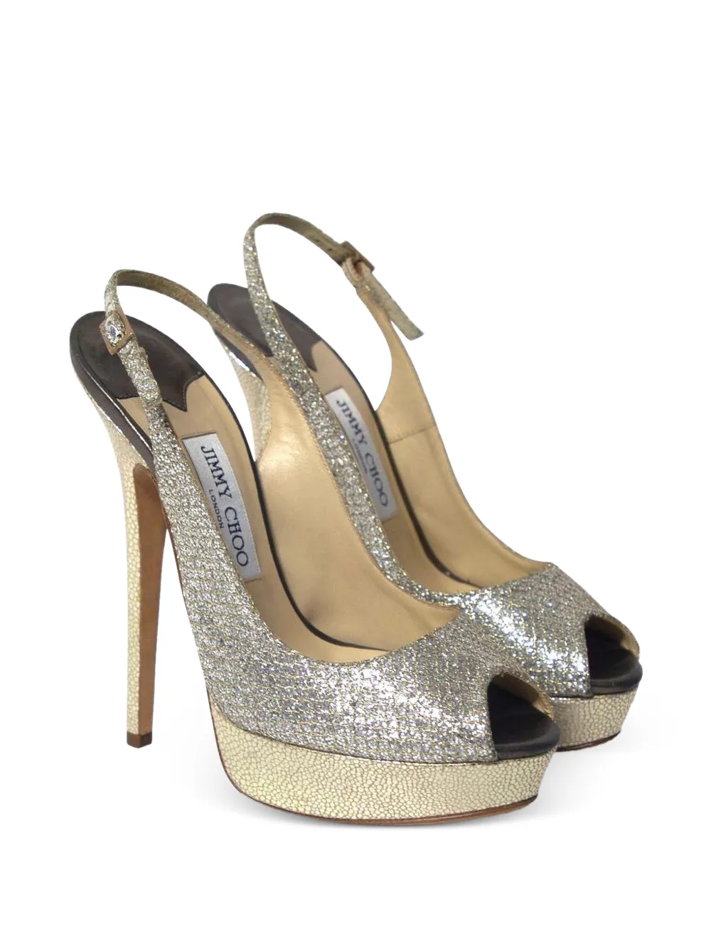  Jimmy Choo Pre-owned Glitter Platform Slingback Pumps - Silver 