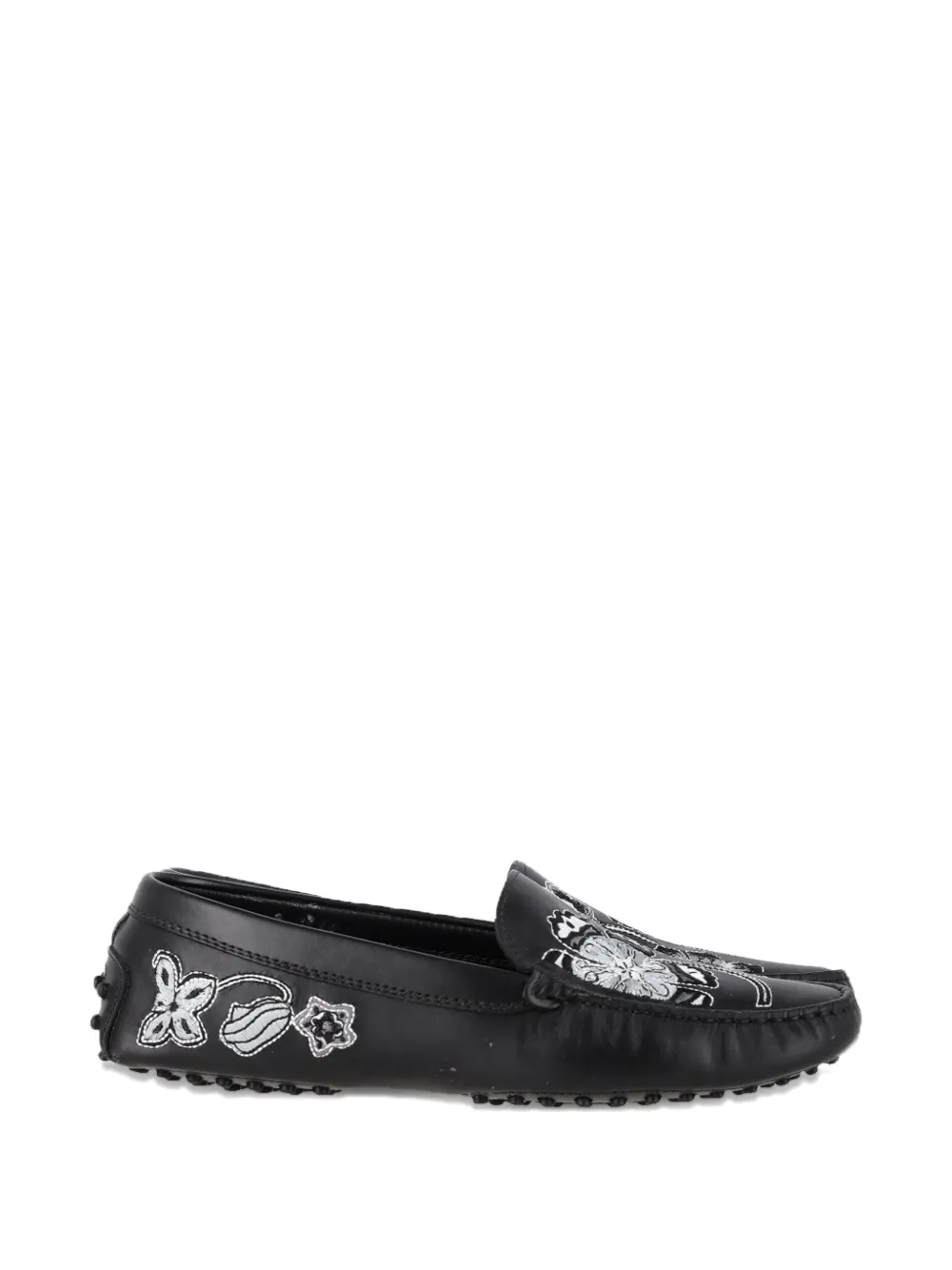 Tod's flower-embroidered leather loafers - Nero