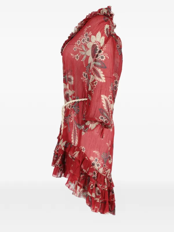 zimmermann silk wrap mini dress red Zimmermann Long Sleeve Mini Wrap Dress Crimson Silk Satin Size 1