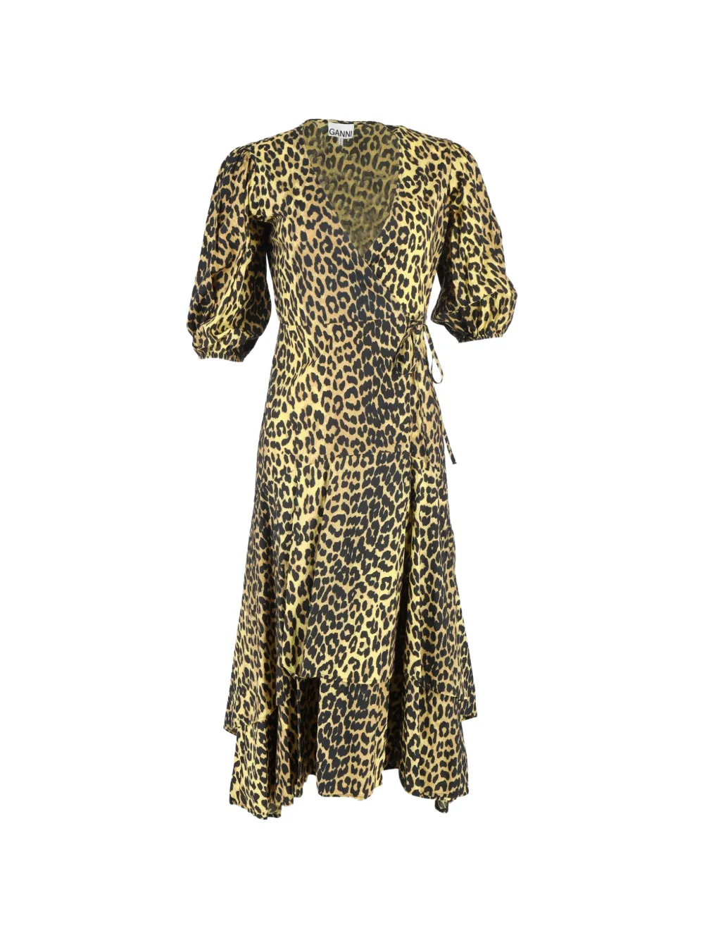 GANNI leopard-pattern wrap midi dress - Giallo
