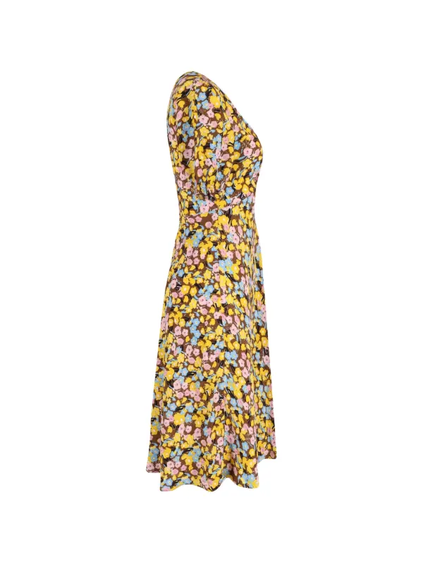 vintage floral yellow dress 1950s with Bustle Ruffle Back, Small Wash dark colors separately 3 Floral Yellow dress R1099