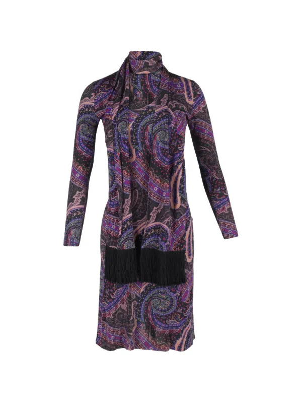 etro purple dress Etro Women's Preloved Paisley Print Dress w/ Scarf in Purple Polyester
