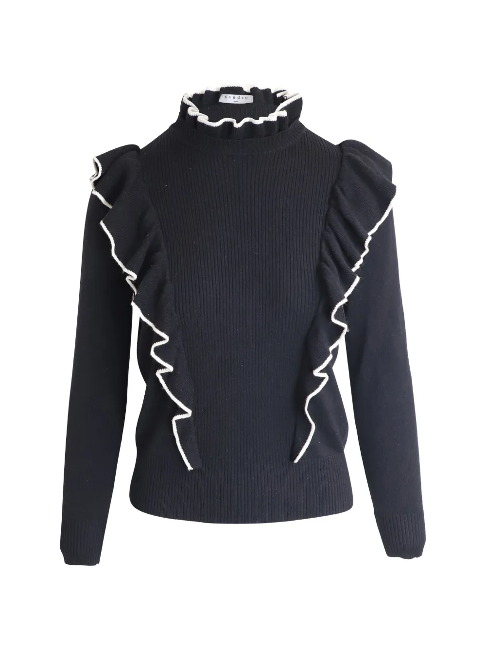 Pre-owned Sandro Ruffle-trim Sweater In Black