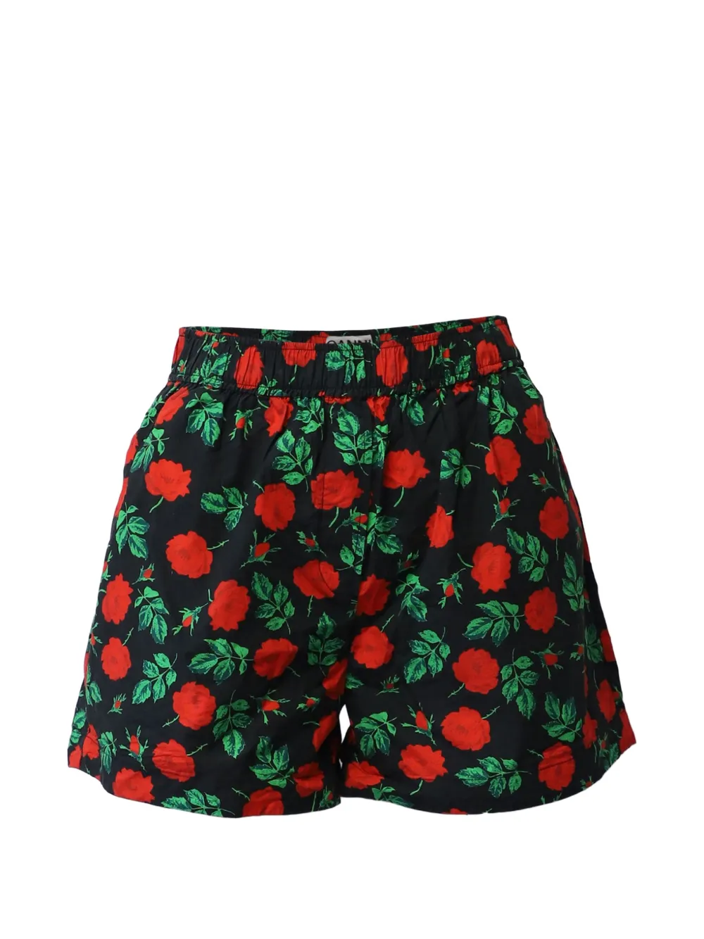 GANNI rose-print cotton shorts - Nero