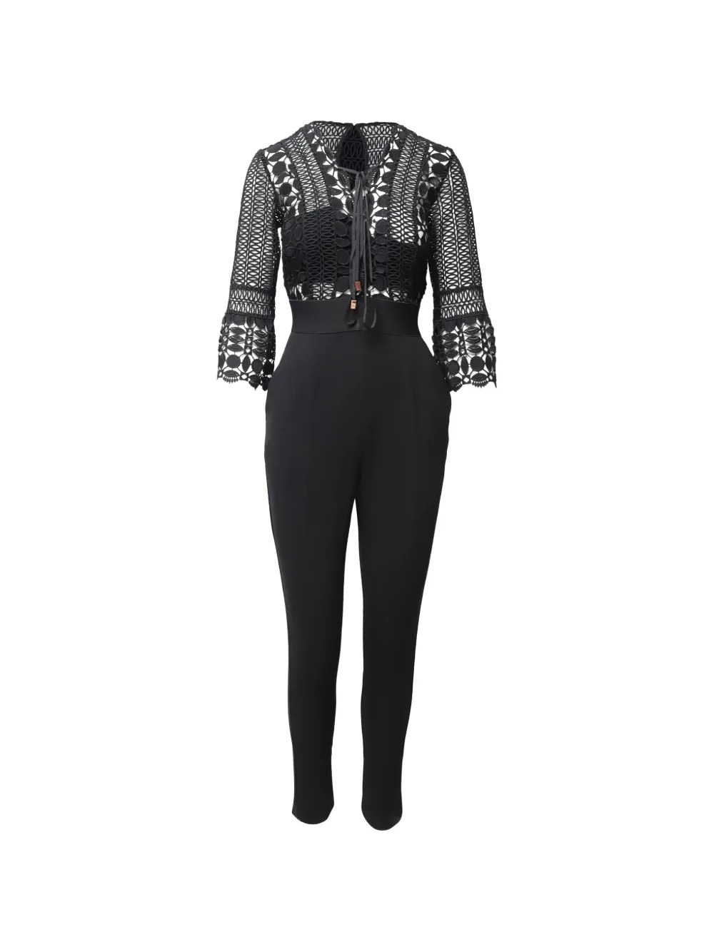 Self-Portrait lace long-sleeve jumpsuit - Nero
