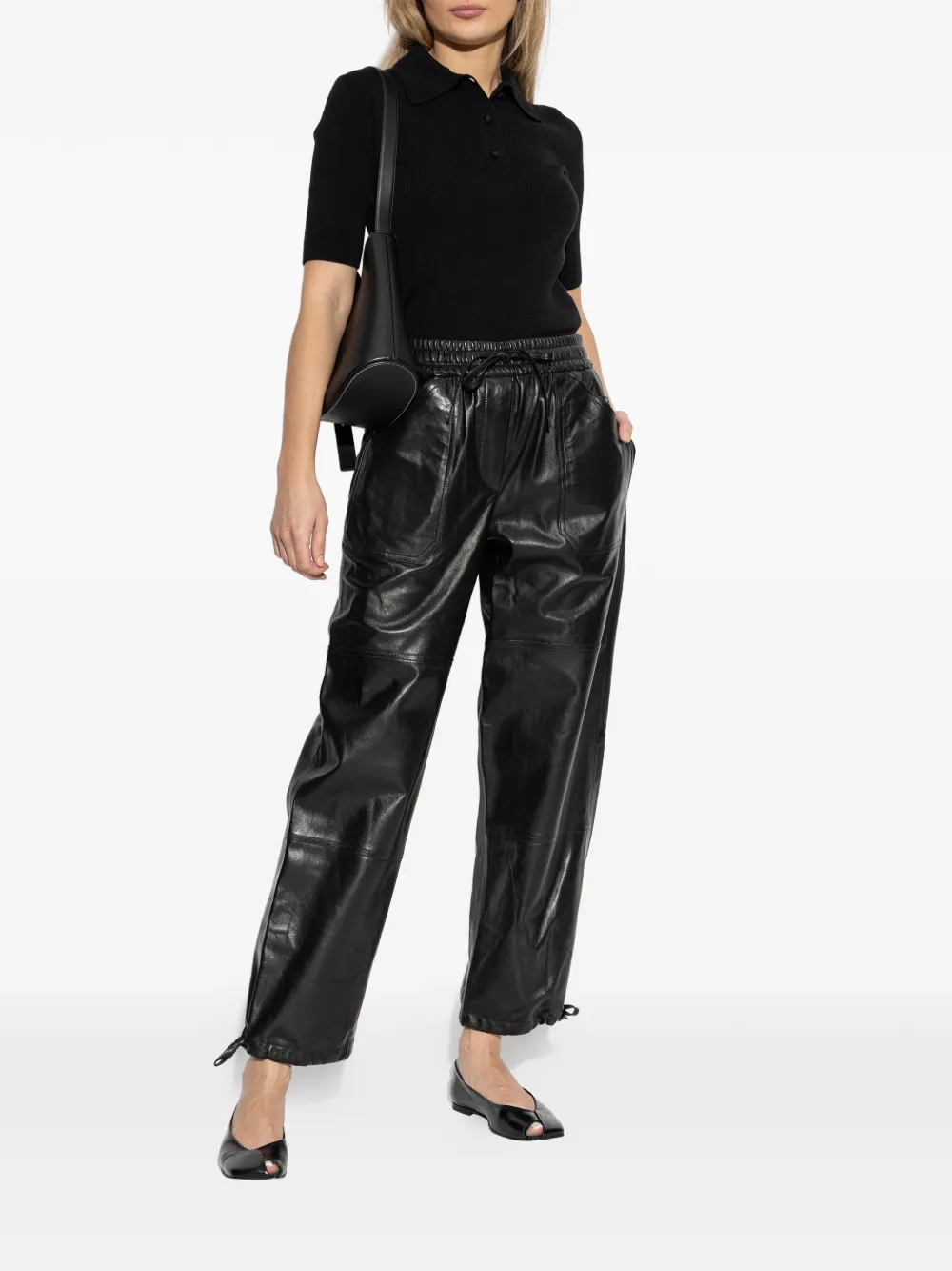  Jil Sander Drawstrings Leather Trousers - Black 