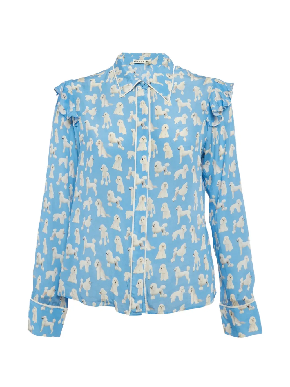 alice + olivia silk ruffle dog-print shirt - Blu