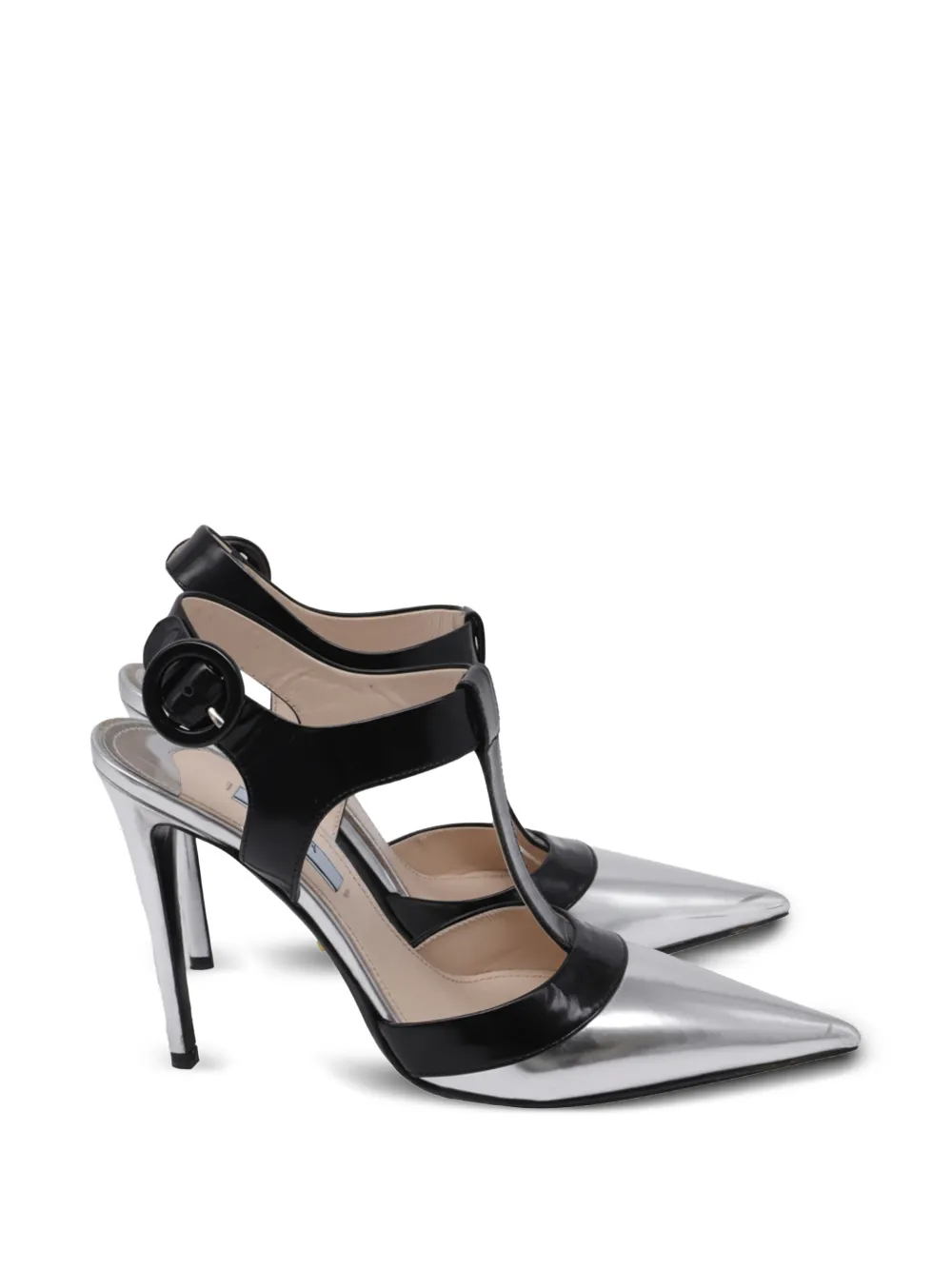 Pre-owned Prada Pointed-toe T-strap Pumps In Silver