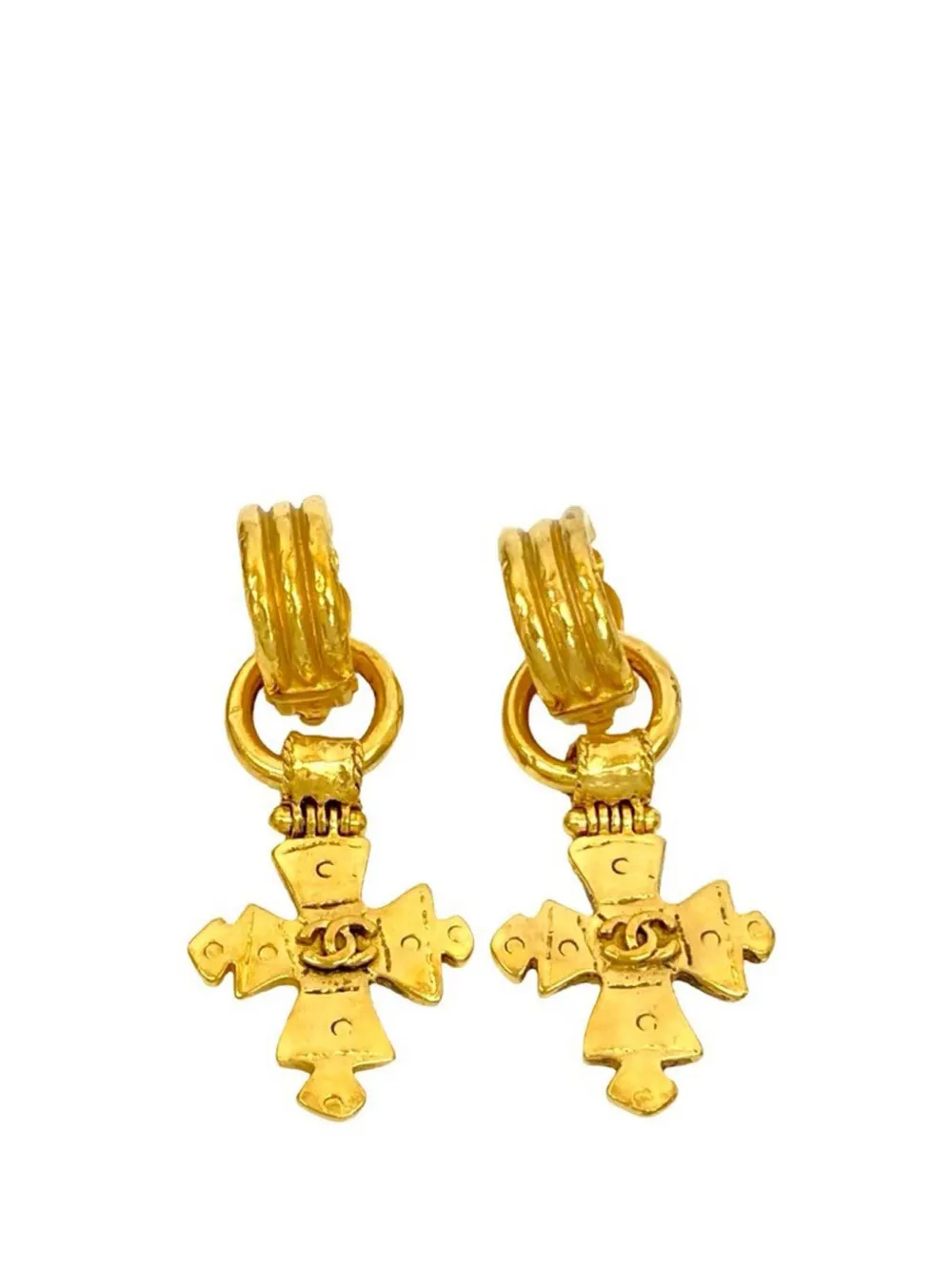CHANEL Pre-Owned 2004 CC Gold Plated Cross Dangling Clip On Earrings costume earrings - Oro
