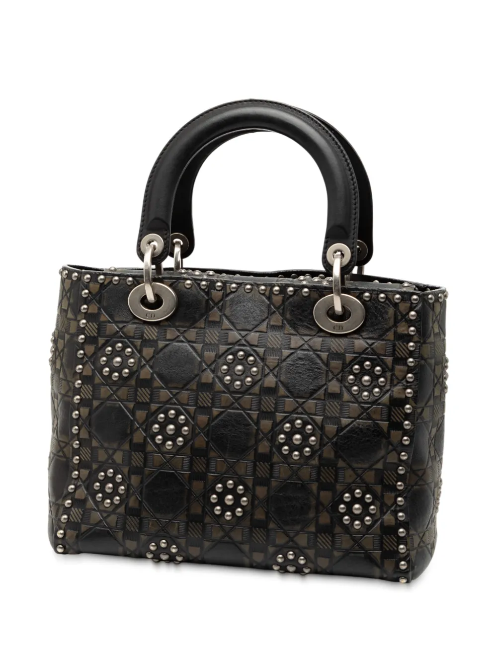  Christian Dior Pre-owned 2017 Medium Calfskin Cannage Embossed Flower Studded Supple Lady Dior Satchel - Black 