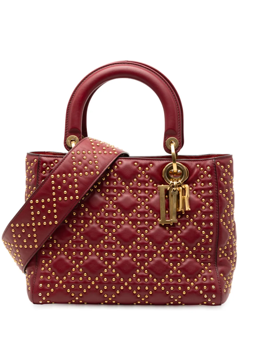Christian Dior Pre-Owned Borsa a tracolla Lady Dior media in pelle morbida di agnello con motivo Cannage e borchie 2017 - Rosso