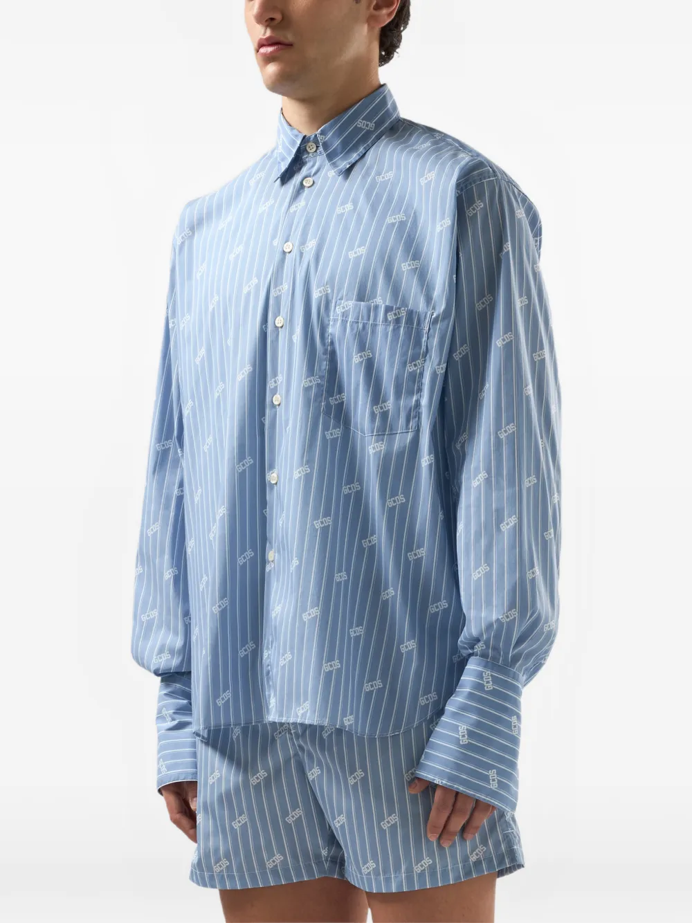 GCDS Overhemd met logopatroon en krijtstreep Blauw