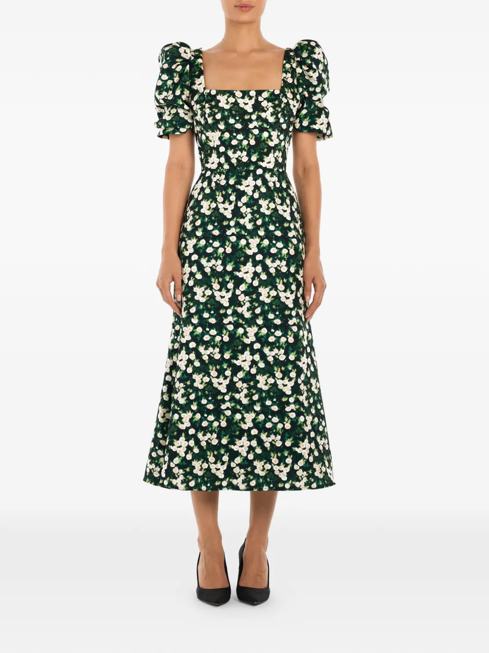 Square-Neck Floral-Print Midi Dress