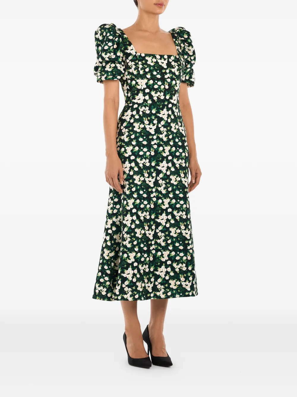 Square-Neck Floral-Print Midi Dress