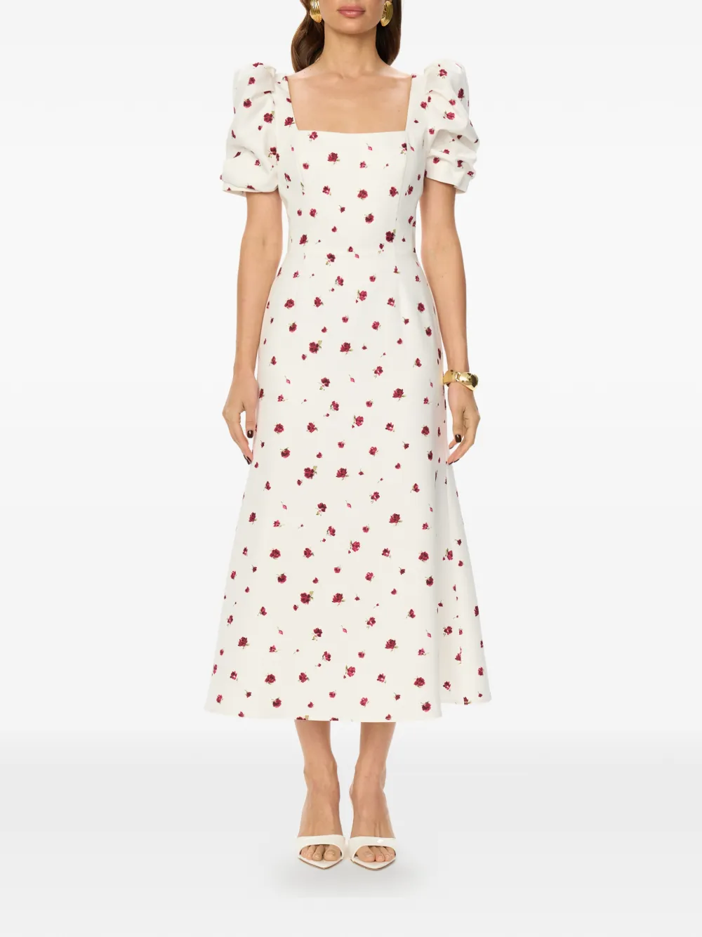  Post Meridiem Square-neck Floral-print Midi Dress - White 