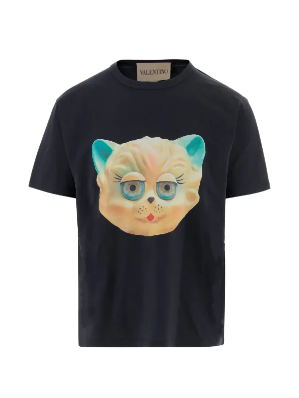 Valentino Garavani Cotton T-shirt with Le Chat De La Maison Print in Blue