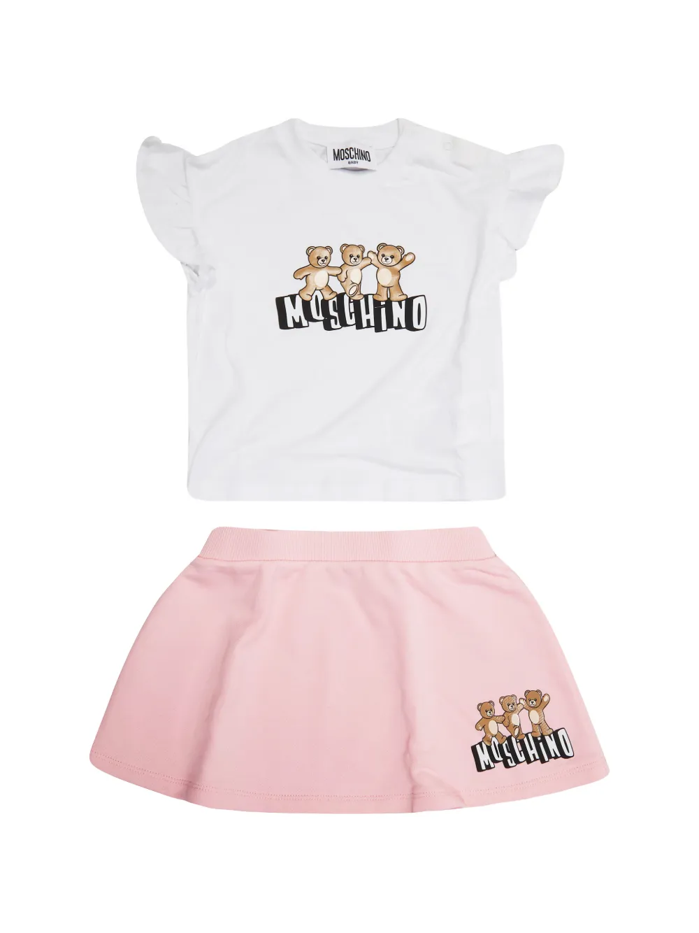 Moschino Kids ruffled-sleeve teddy-print T-shir and skirt set - Bianco