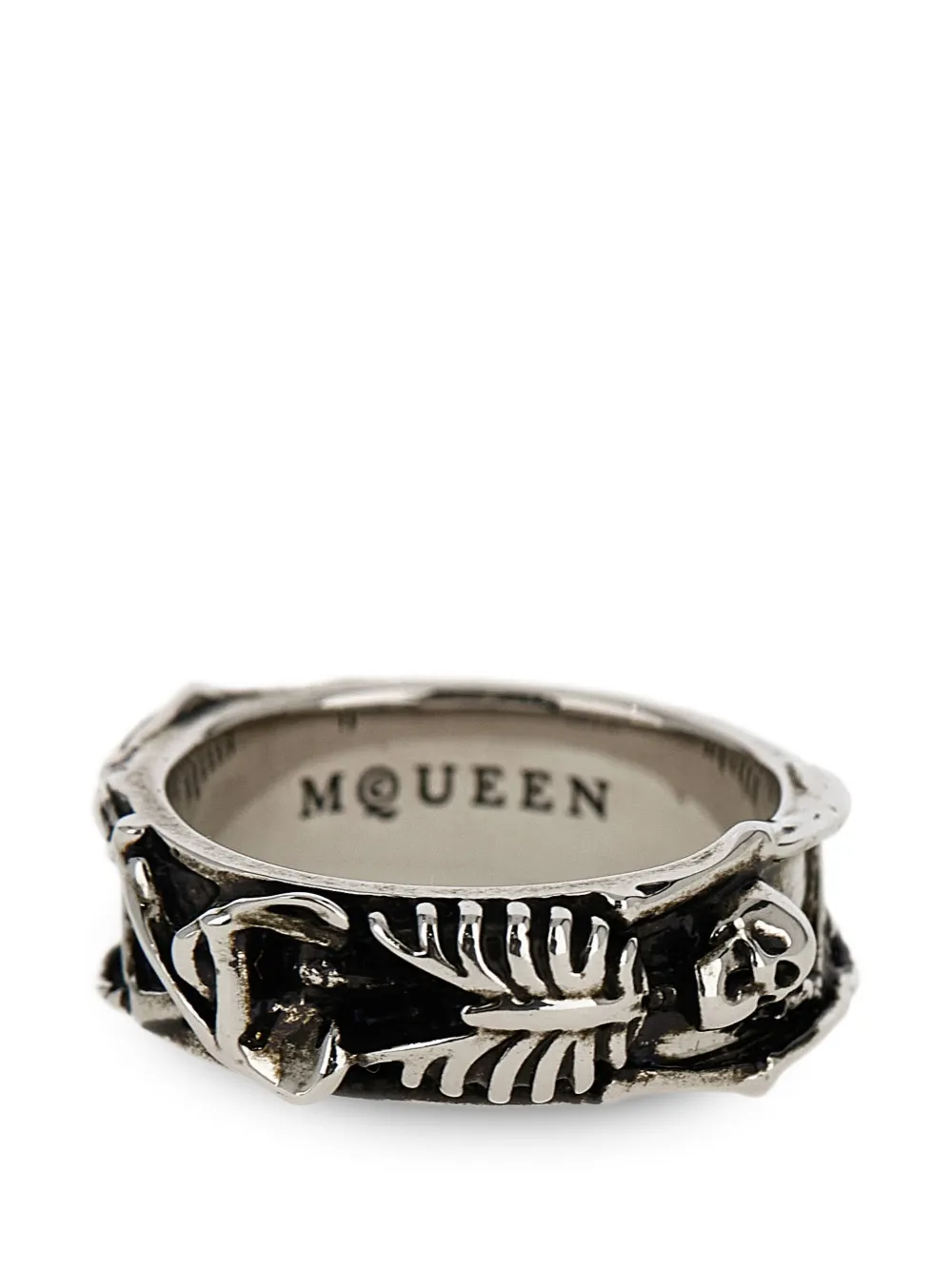 Alexander McQueen Dancing Skeleton engraved ring - Argento