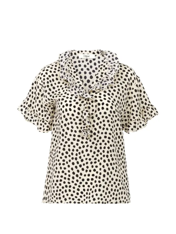 Chloé Short-sleeved Ruffled Top in Crêpe De Chine in Neutrals