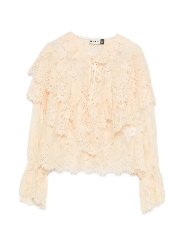 Rixo Ruffled Lace Blouse in Neutrals