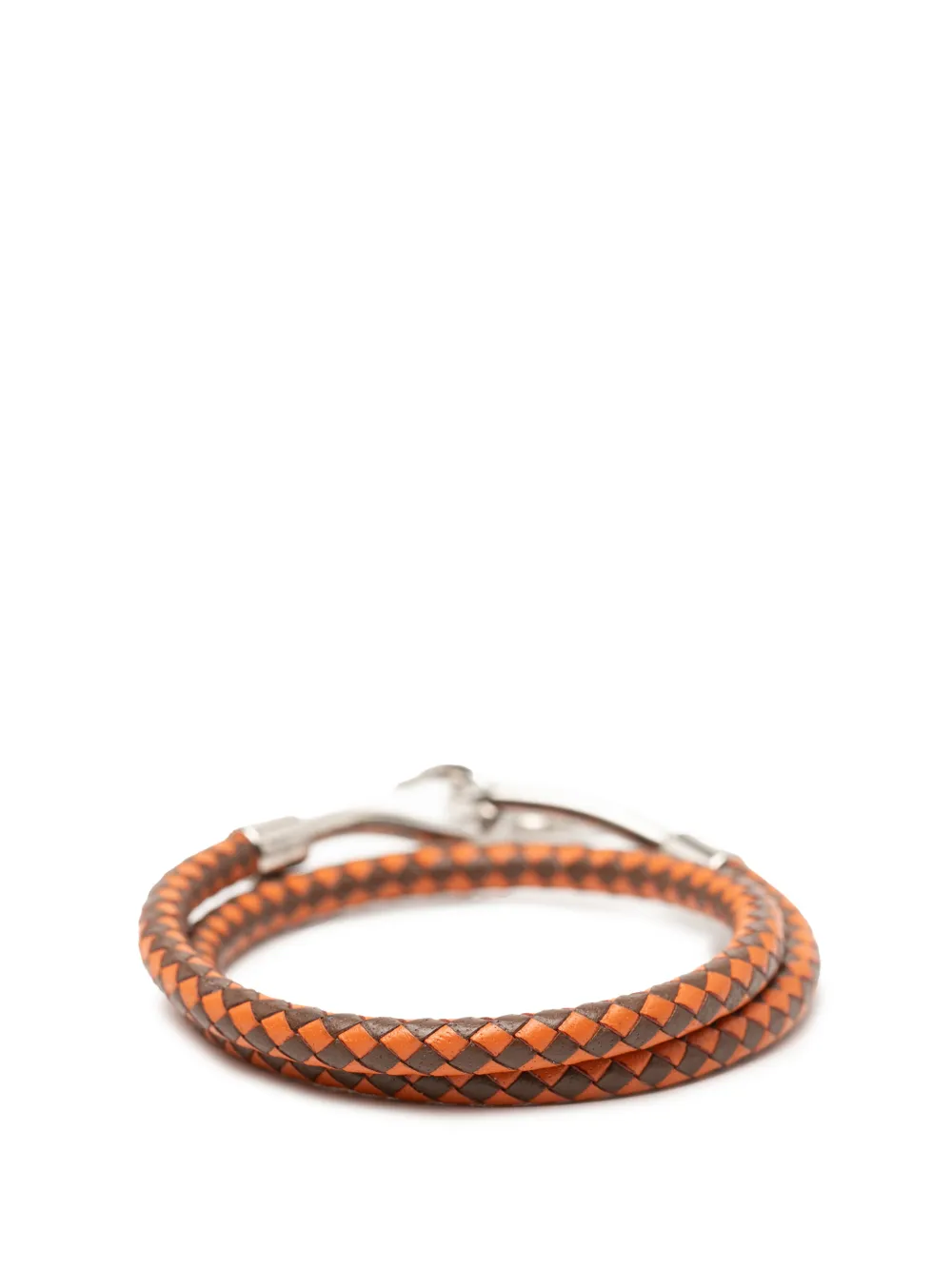  Hermès Pre-owned 2000-2025 Palladium Plated And Woven Leather Jumbo Hook Double Tour Bracelet Costume Bracelet - Brown 