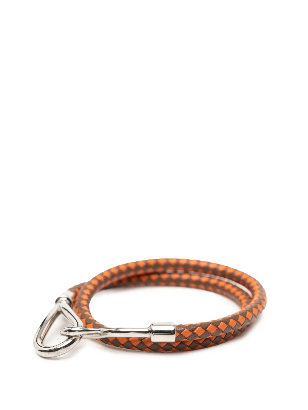  Hermès Pre-owned 2000-2025 Palladium Plated And Woven Leather Jumbo Hook Double Tour Bracelet Costume Bracelet - Brown 