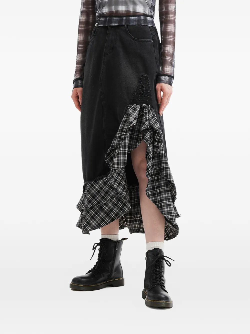 izzue Rok met ruches en tartan ruit Zwart