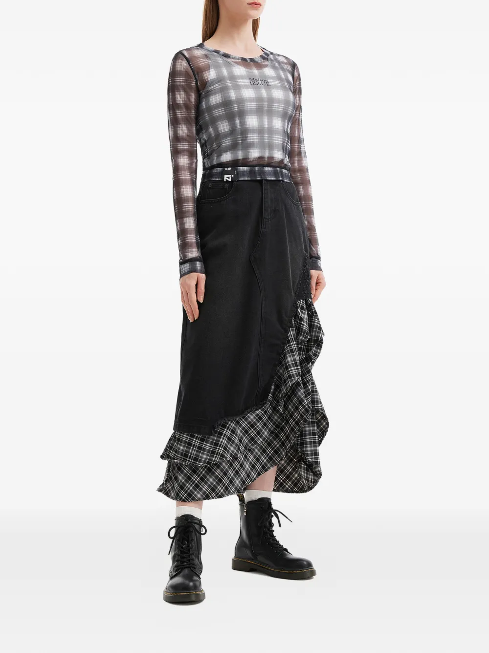 izzue Rok met ruches en tartan ruit Zwart