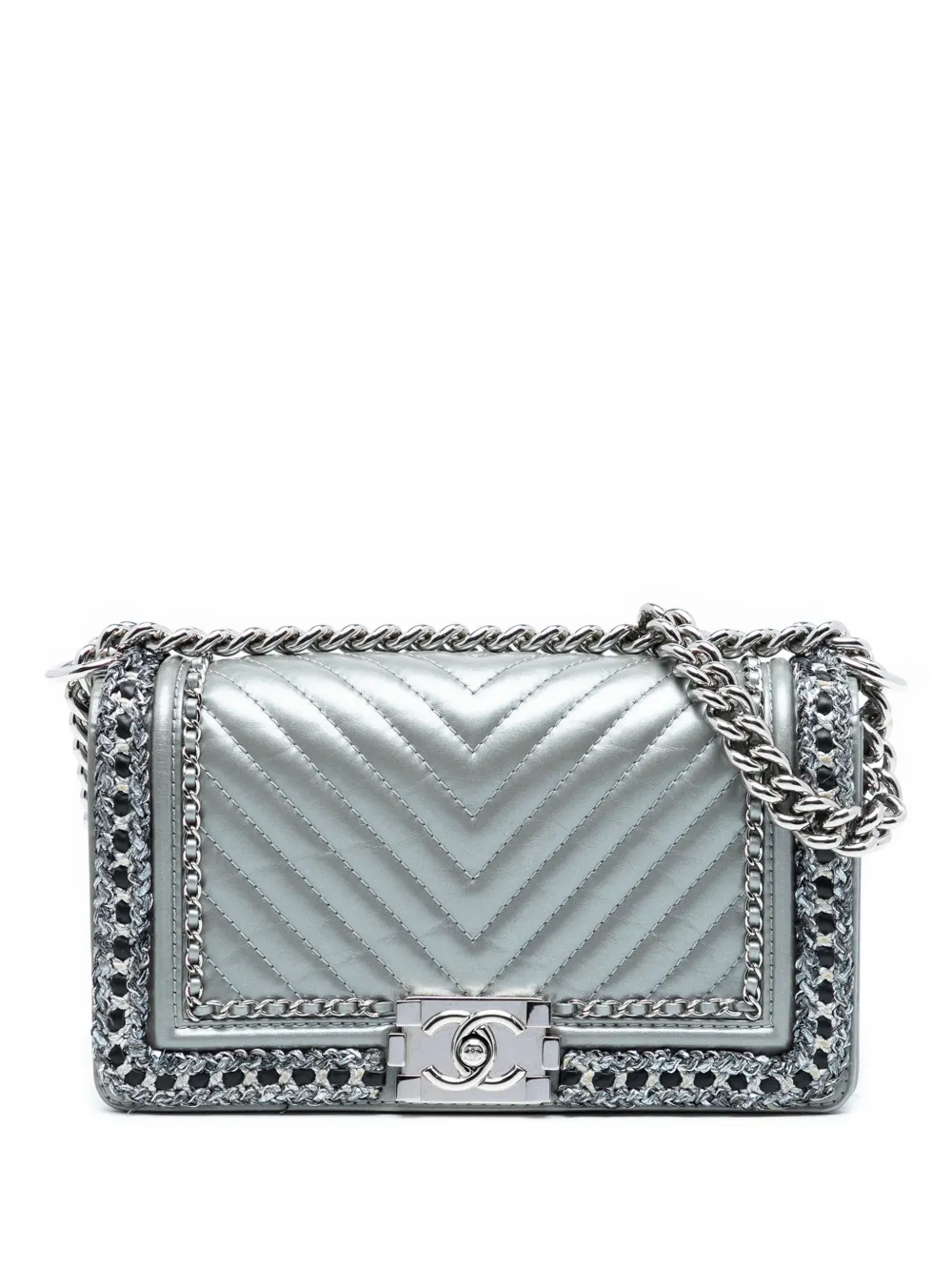 CHANEL Pre-Owned 2017-2018 Old Medium Chevron Lambskin and Braided Tweed Jacket Boy Flap shoulder bag - Argento