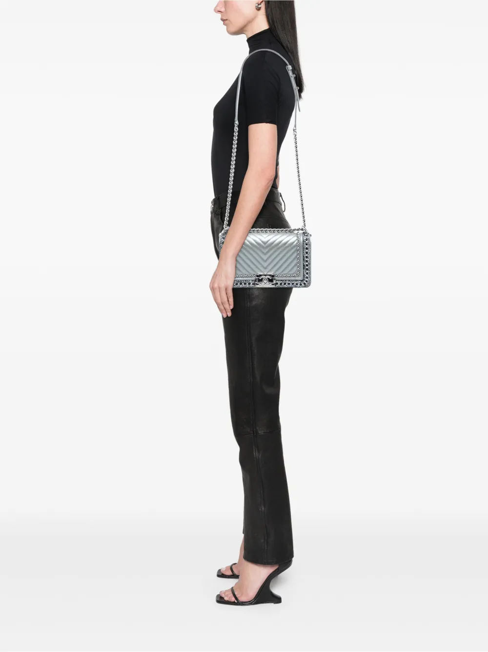  Chanel Pre-owned 2017-2018 Old Medium Chevron Lambskin And Braided Tweed Jacket Boy Flap Shoulder Bag - Silver 
