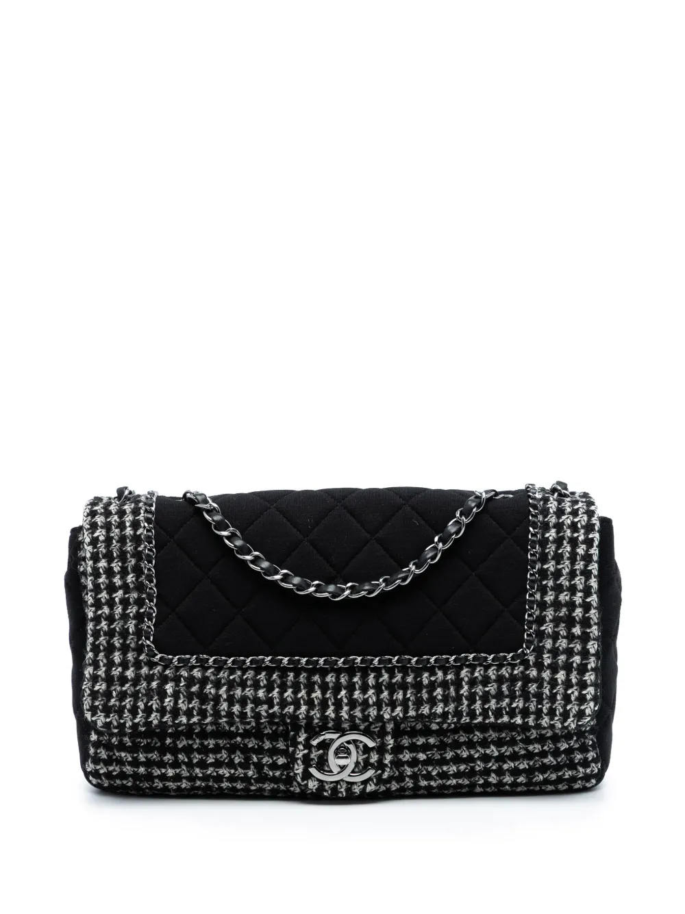 CHANEL Pre-Owned 2014-2015 Jumbo CC Quilted Jersey and Tweed Chain Flap shoulder bag - Nero