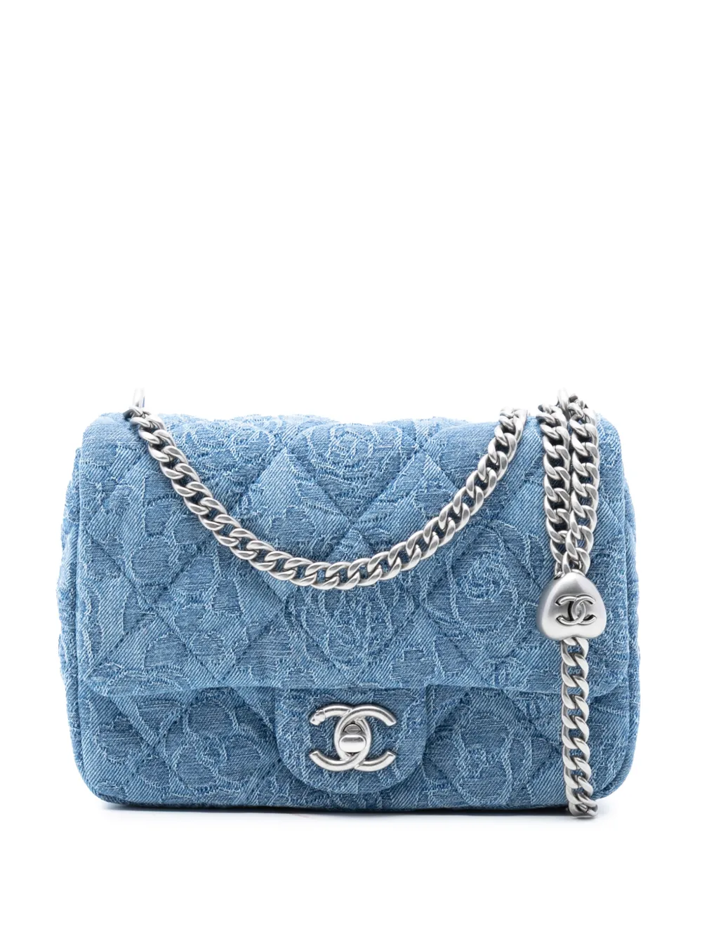 CHANEL Pre-Owned 2021-2025 Mini Quilted Denim Camellia Sweetheart Flap crossbody bag - Blu