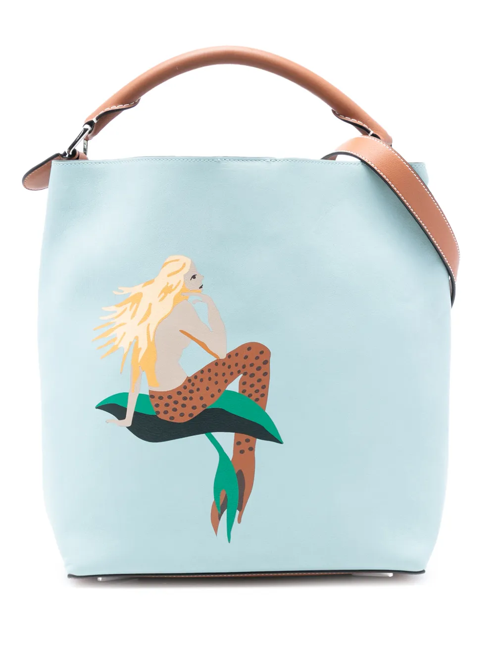 Loewe Pre-Owned 2018 Paulas Ibiza Mermaid Print Leather bucket bag - Blu