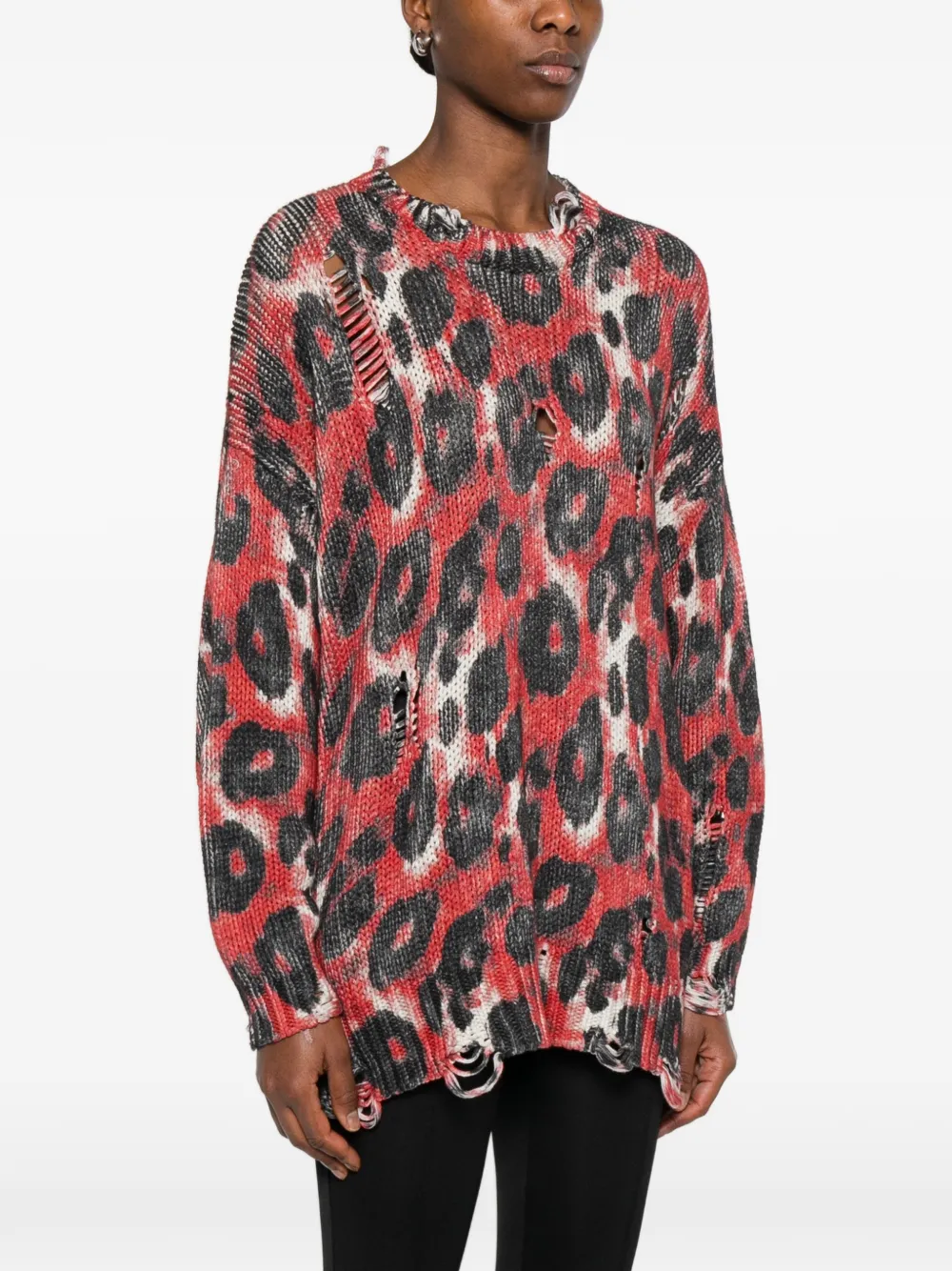  R13 Distressed-trim Leopard-print Sweater - Red 