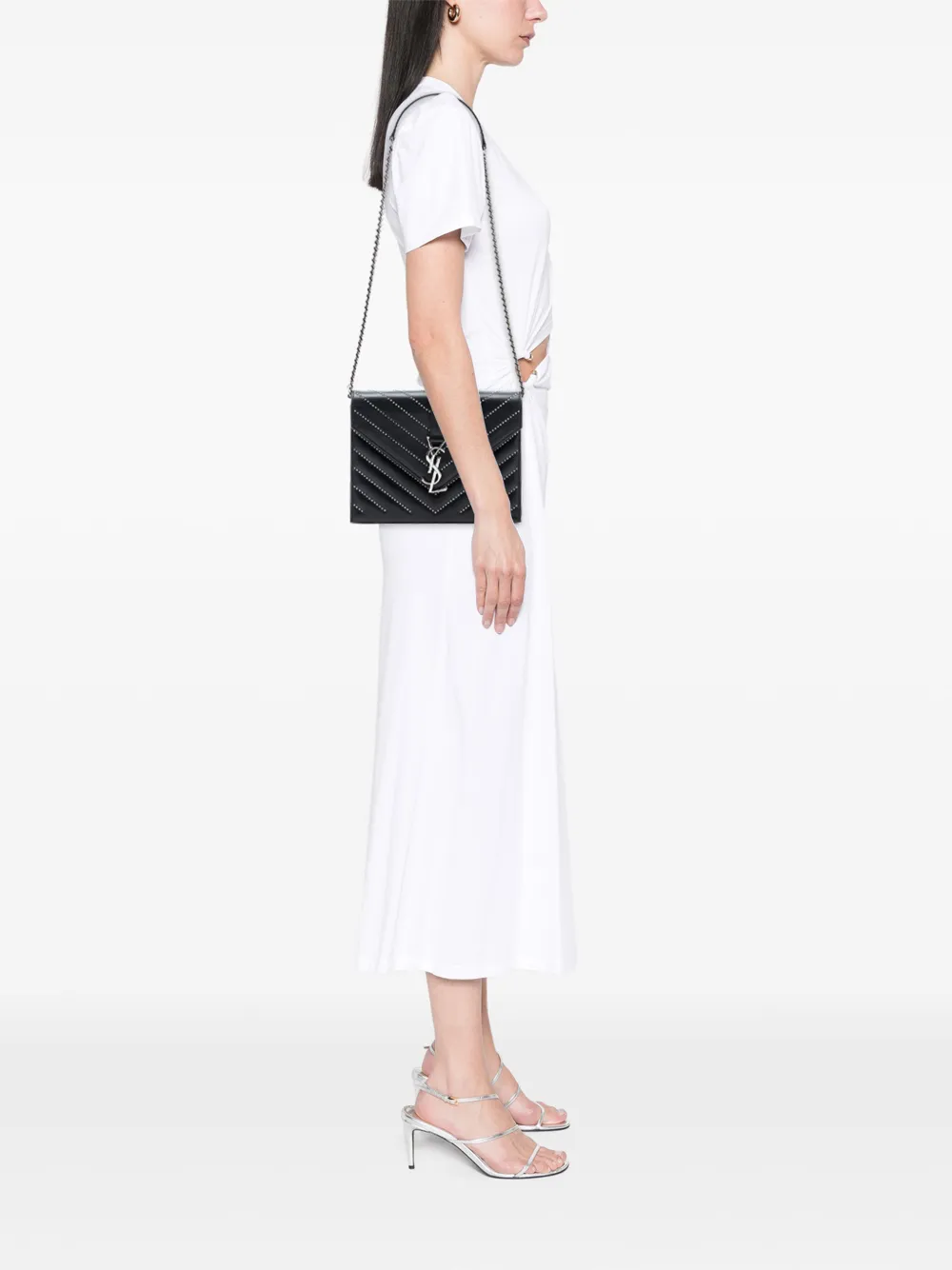  Saint Laurent Pre-owned 2014 Studded Chevron Calfskin Monogram Envelope Chain Flap Crossbody Bag - Black 