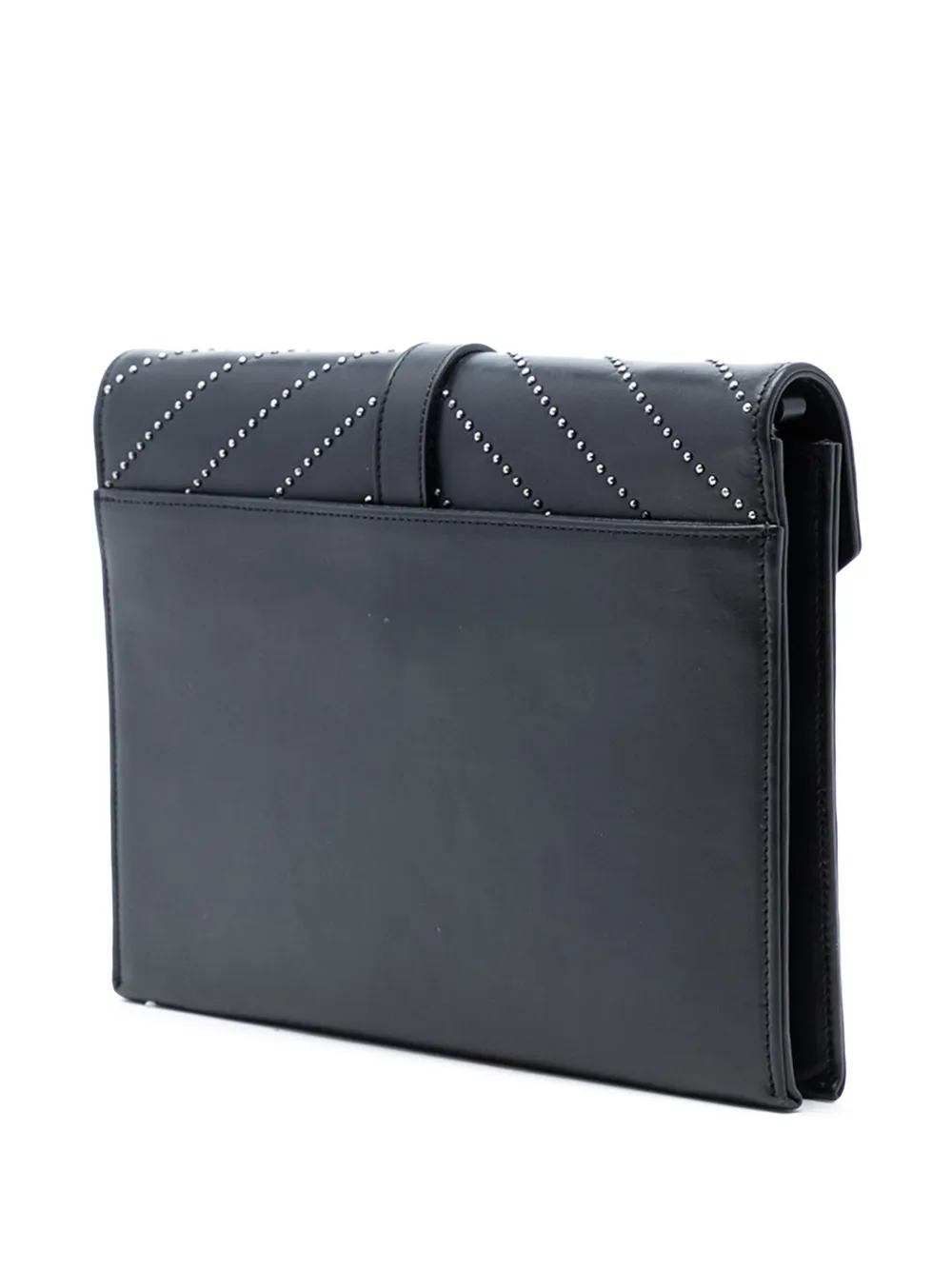  Saint Laurent Pre-owned 2014 Studded Chevron Calfskin Monogram Envelope Chain Flap Crossbody Bag - Black 