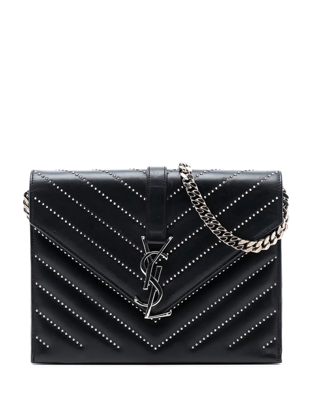Saint Laurent Pre-Owned 2014 Studded Chevron Calfskin Monogram Envelope Chain Flap crossbody bag - Nero