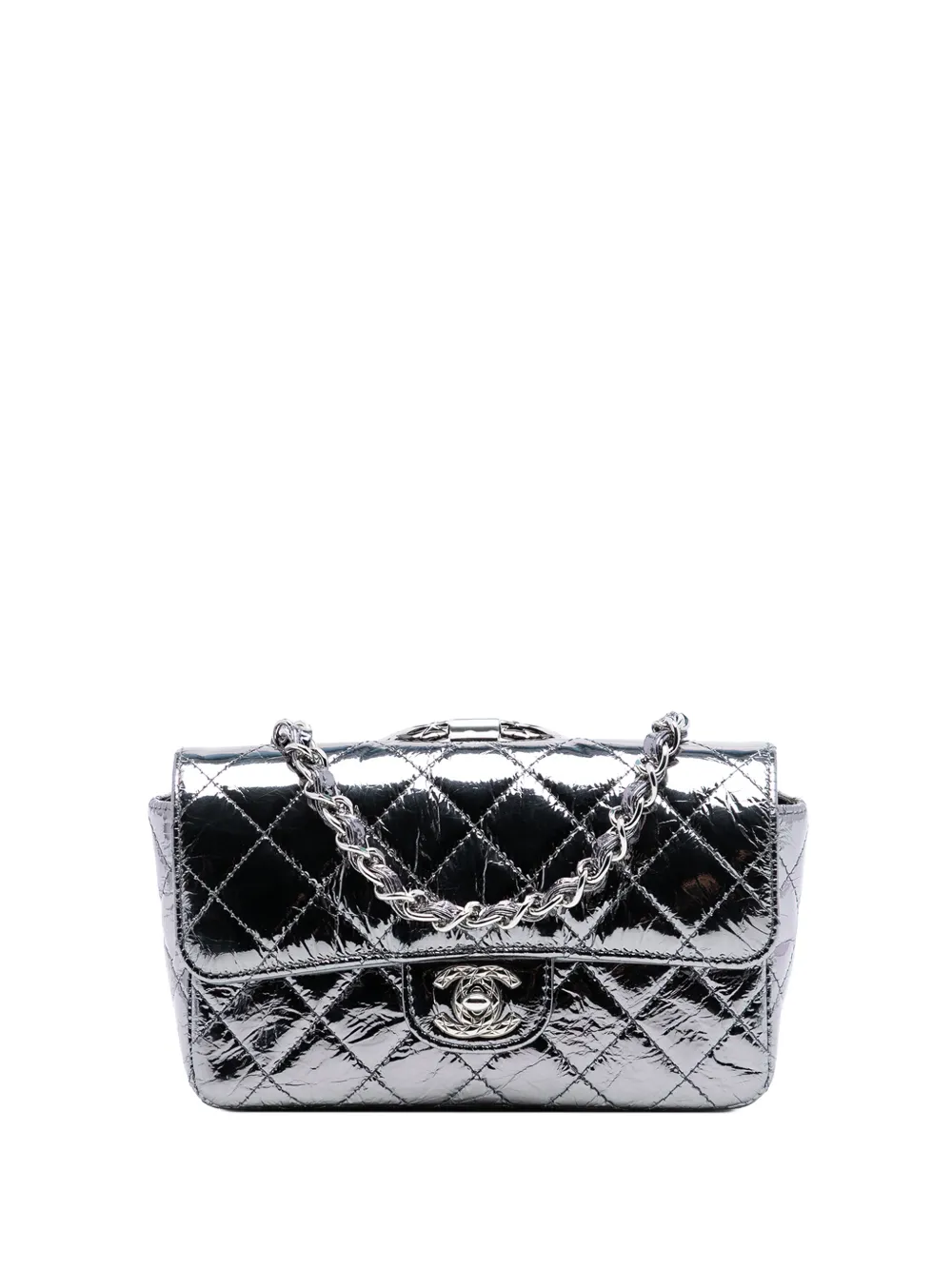 CHANEL Pre-Owned 2020 Mini Quilted Metallic Calfskin Ring Top Handle Flap satchel - Argento