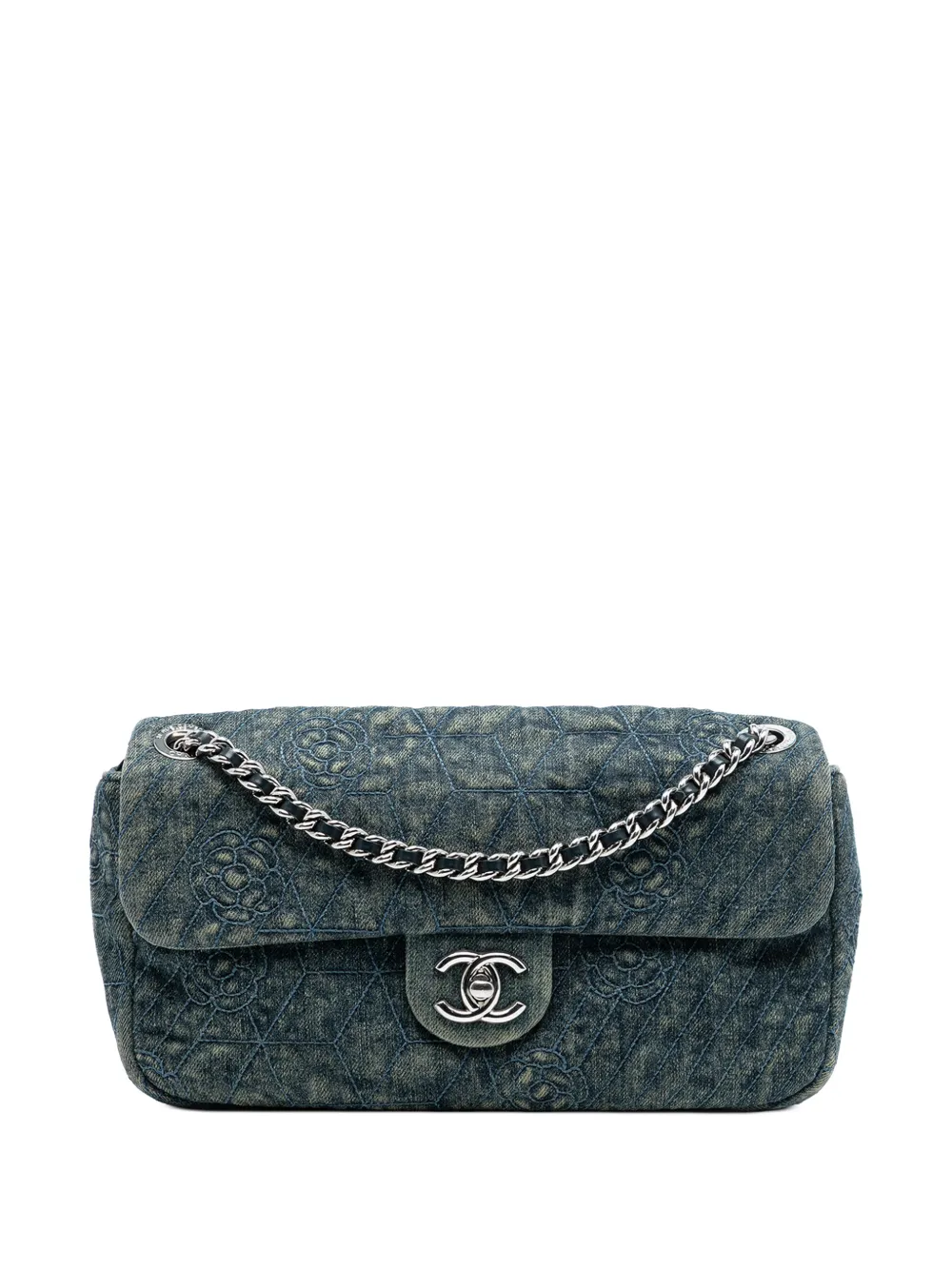 CHANEL Pre-Owned 2012 Medium Embroidered Denim Camellia Flap shoulder bag - Blu