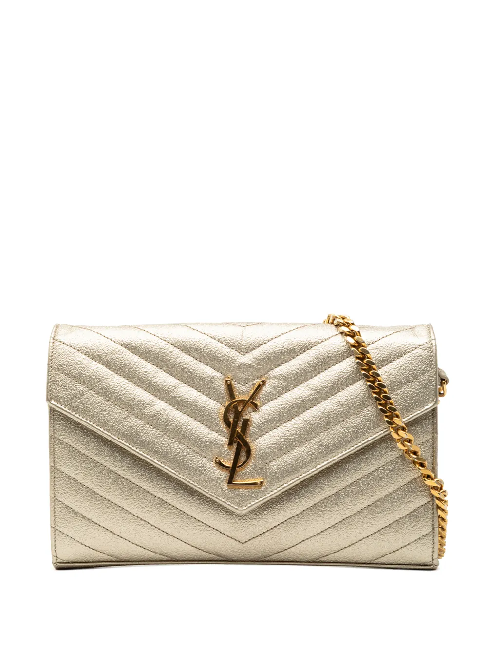 Saint Laurent Pre-Owned 2014 Metallic Grain De Poudre Matelasse Chevron Monogram Chain Wallet crossbody bag - Oro