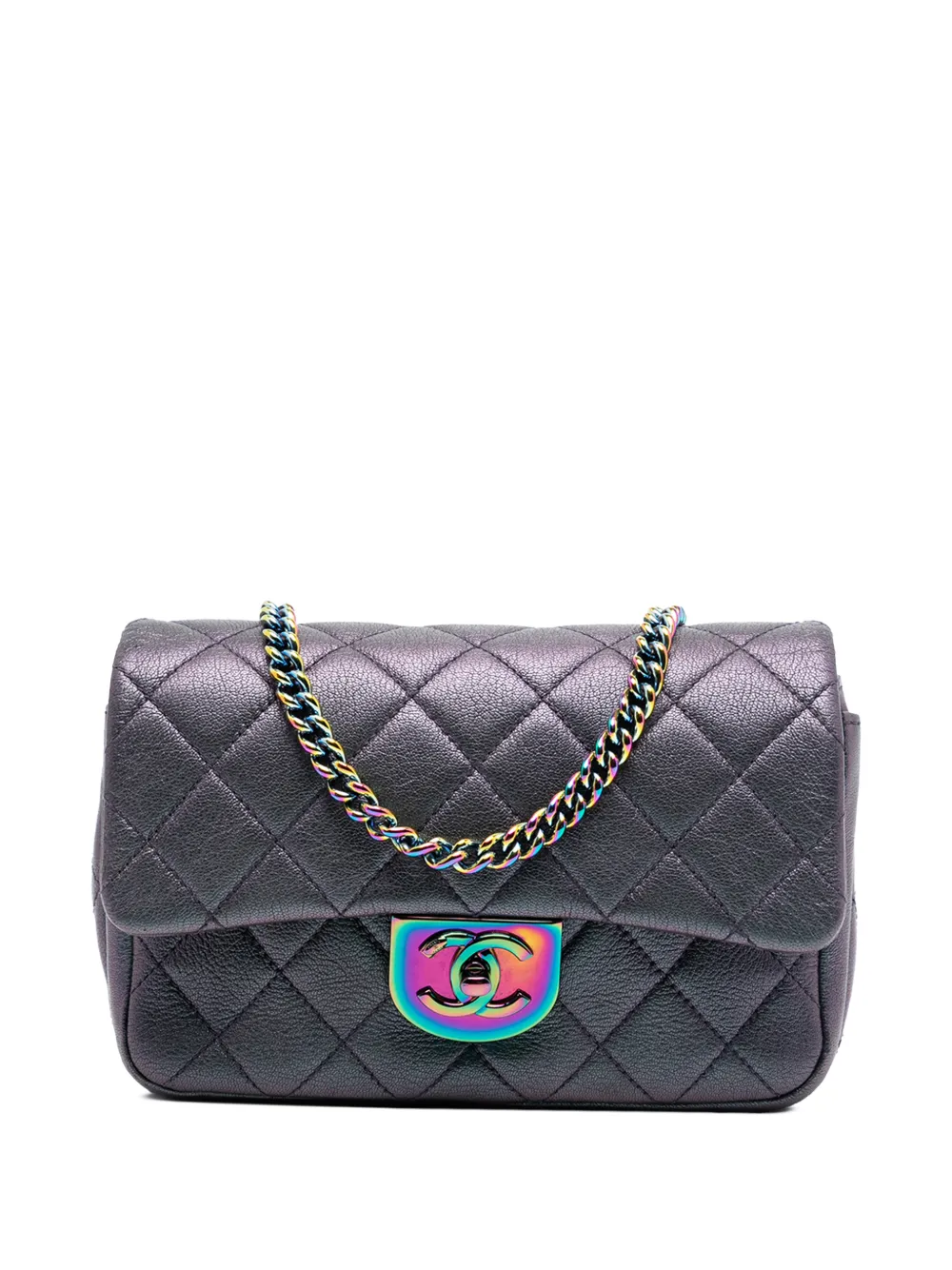 CHANEL Pre-Owned 2015-2016 Small Iridescent Goatskin Rainbow Hardware Double Carry Waist Chain Flap satchel - Viola