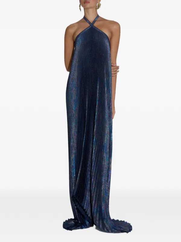 l idée deesse halter pleated column maxi dress L'IDÉE Deesse Pleated Halterneck Maxi Dress | Blue