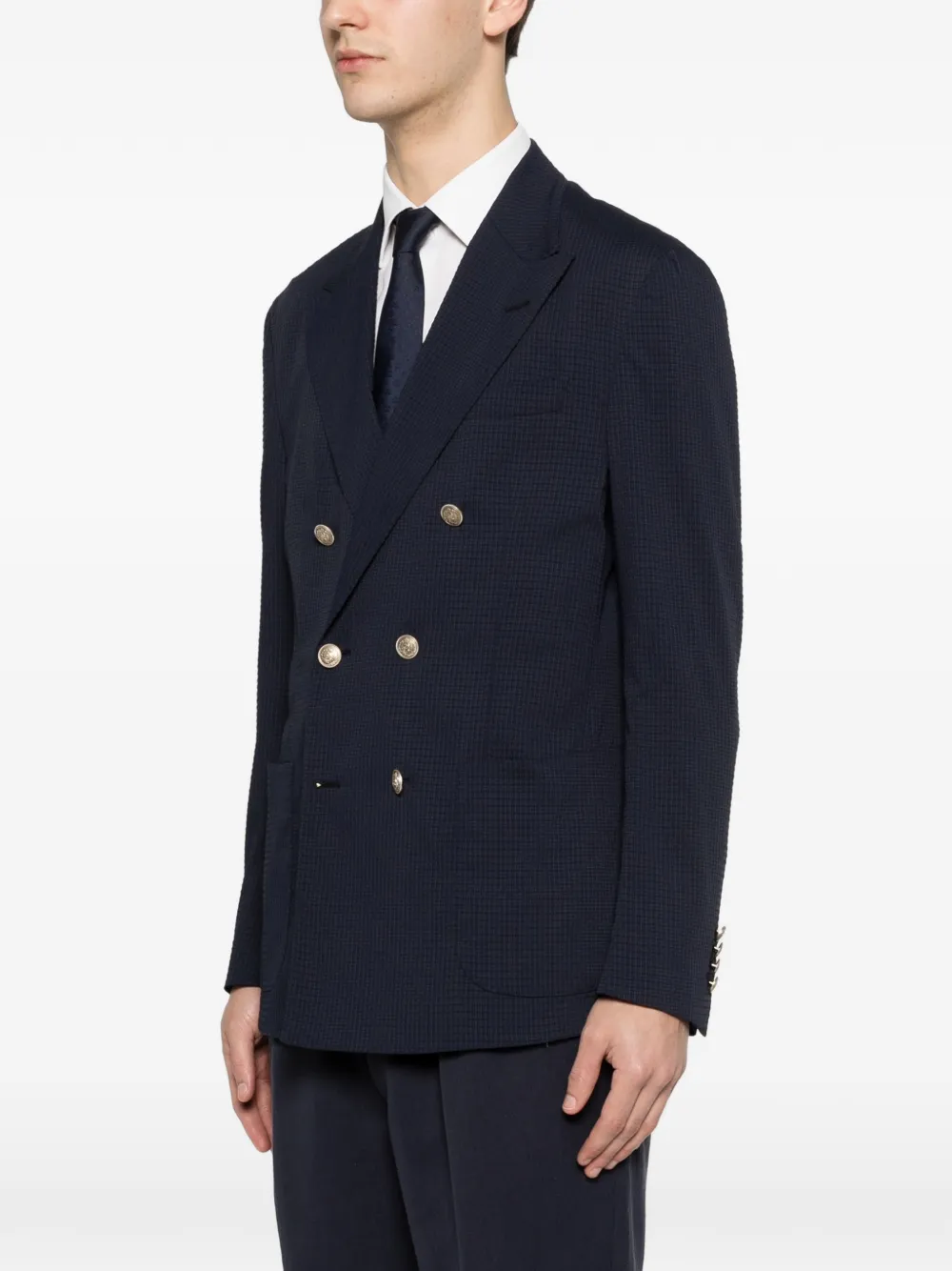  Eleventy Double-breasted Check Jacket - Blue 